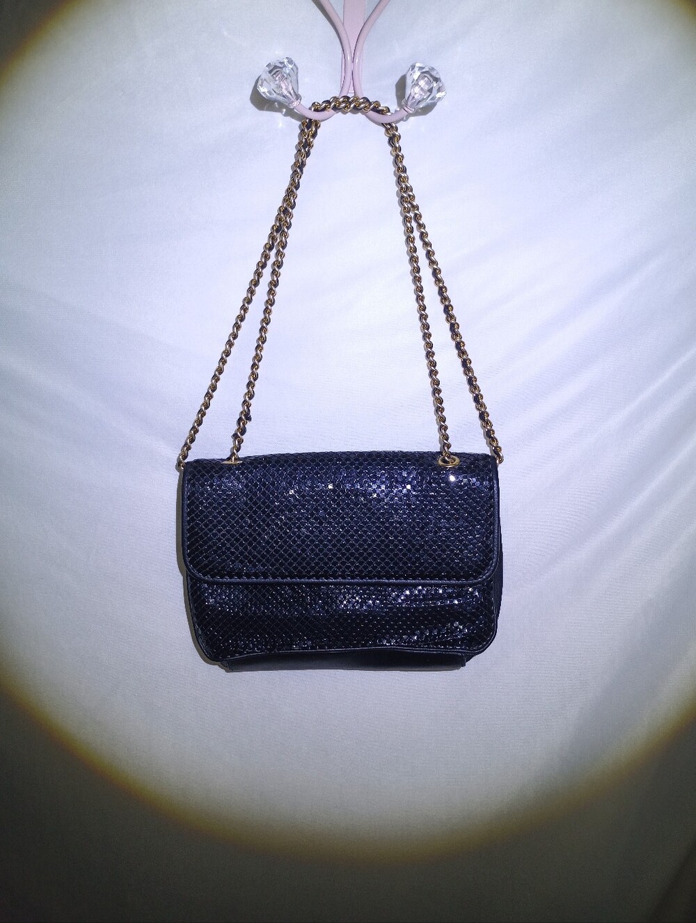 Vintage Whiting & Davis Black Metal Mesh Shoulder Bag Clutch Mirror